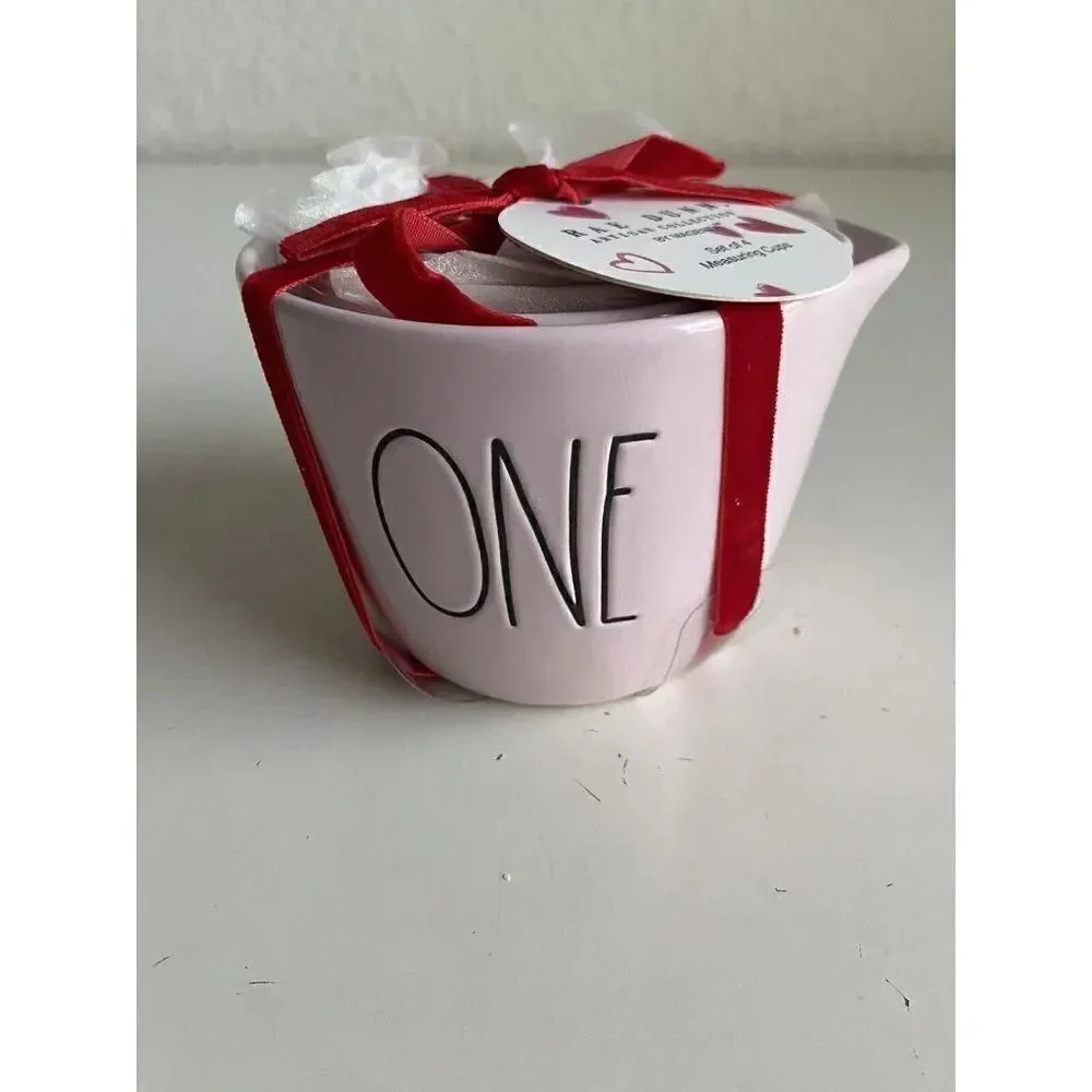 Set Of 4 Rae Dunn VALENTINE PINK Measuring Cups With Heart Cutout‎ Ceramic NEW